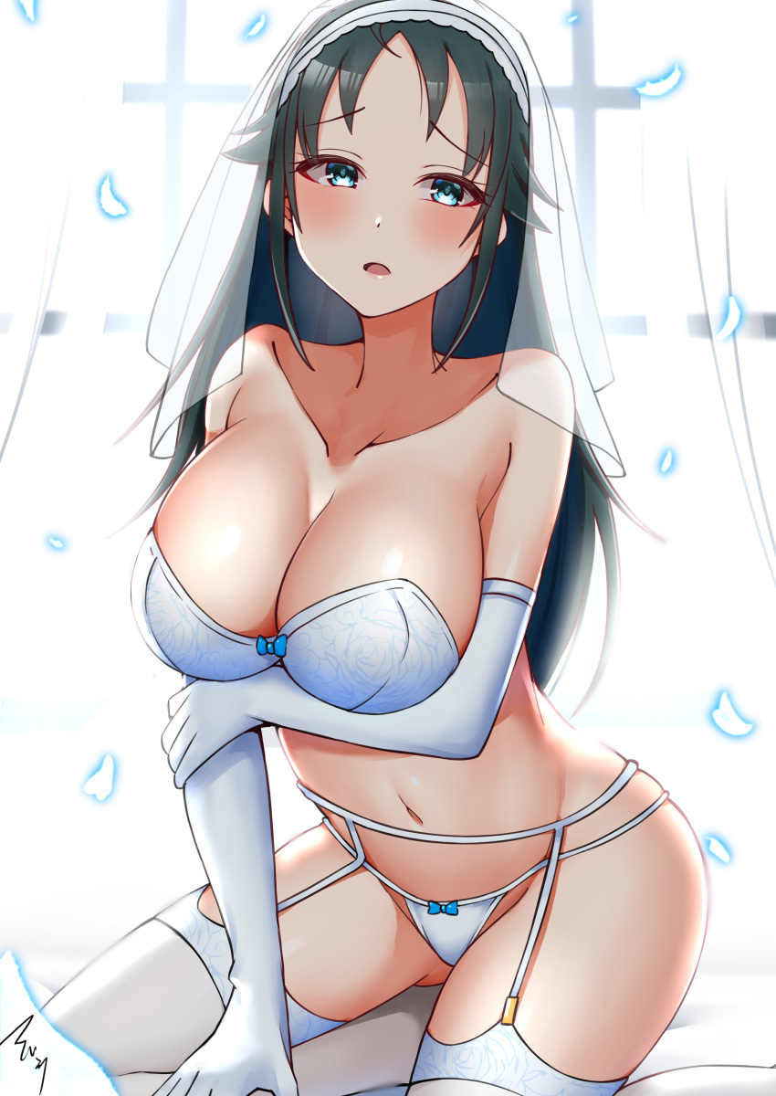 1girl absurdres bare_shoulders black_hair blue_bra blue_eyes blue_garter_belt blue_garter_straps blue_gloves blue_legwear blue_panties blush bra breasts bridal_veil cleavage collarbone commentary_request elbow_gloves garter_belt garter_straps gloves highres idolmaster idolmaster_cinderella_girls large_breasts long_hair looking_at_viewer mabanna nanjou_hikaru navel older open_mouth panties petals solo thighhighs underwear veil window