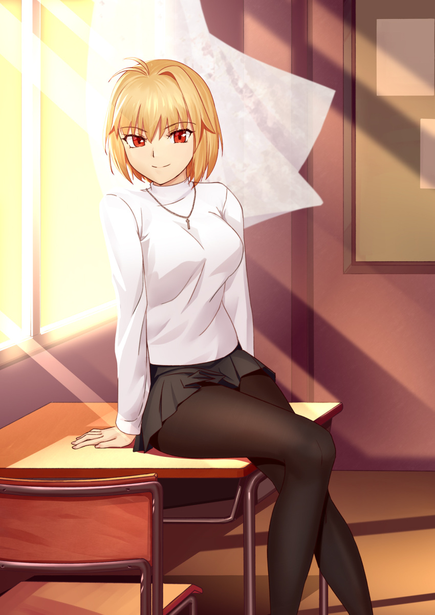 1girl antenna_hair arcueid_brunestud bangs black_legwear black_skirt blonde_hair breasts classroom closed_mouth commentary_request cqqz0707 curtains desk eyebrows_visible_through_hair fingernails hair_between_eyes highres indoors jewelry long_sleeves looking_at_viewer medium_breasts miniskirt necklace on_desk pantyhose pleated_skirt red_eyes school_desk short_hair single_hair_intake sitting sitting_on_desk skirt smile solo sunlight sweater tsukihime tsukihime_(remake) turtleneck turtleneck_sweater white_sweater window