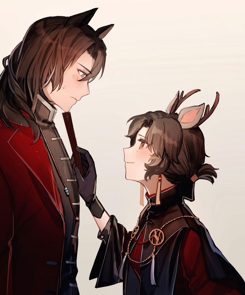 1boy 1girl absurdres animal_ears arknights black_gloves blush brown_hair buzhangyezideshu chinese_clothes closed_fan closed_mouth coat deer_antlers deer_ears deer_girl earrings eye_contact folded_ponytail folding_fan from_behind gloves hand_fan height_difference highres holding holding_fan jewelry long_hair long_sleeves looking_at_another looking_down looking_up mole mole_under_eye necklace niang_(arknights) ning_(arknights) open_clothes open_coat red_coat short_hair simple_background sweatdrop upper_body yellow_background