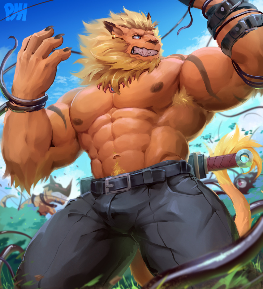 armpit_hair bandai_namco belt blue_eyes body_hair bottomwear bulge clothed clothing digimon digimon_(species) ear_piercing fangs greymon hi_res leomon male mane melee_weapon muscular navel nipples pants physen piercing solo sword tentacles topless weapon