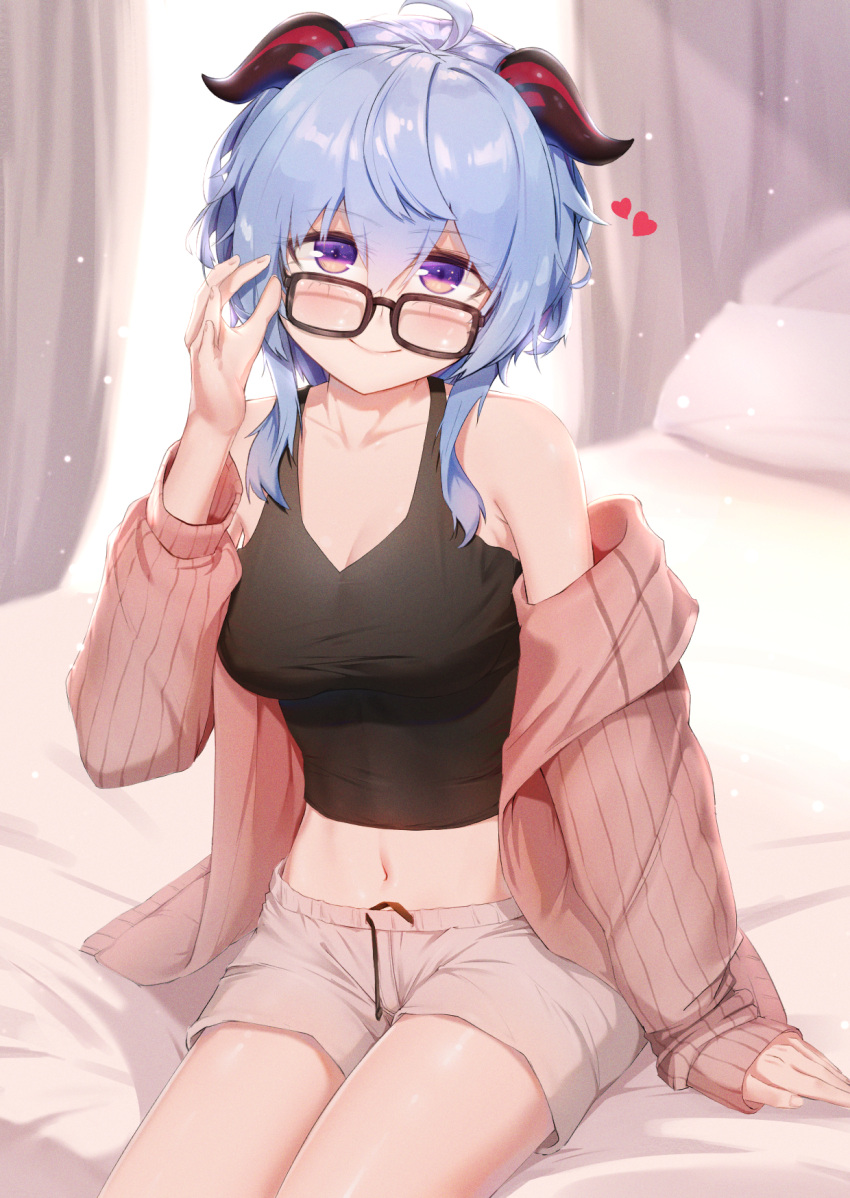 1girl ahoge alternate_costume arm_up bangs bare_shoulders bed black_tank_top blue_hair blush bolinger breasts cleavage curtains eyewear_hang eyewear_removed fingernails ganyu_(genshin_impact) genshin_impact goat_horns heart highres horns jacket jacket_partially_removed large_breasts long_hair long_sleeves looking_at_viewer navel on_bed pillow pink_jacket red_horns shiny shiny_hair short_shorts shorts sidelocks sitting solo stomach tank_top thighs white_shorts