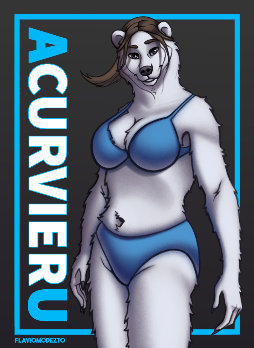 absurd_res anthro belly_tuft big_breasts bra breasts brown_hair cleavage clothed clothing curvy_figure english_text female flaviomodezto fur hair hi_res looking_at_viewer mammal navel panties polar_bear ponytail saints_row slightly_chubby smile smiling_at_viewer solo text tuft underwear ursid ursine white_body white_fur