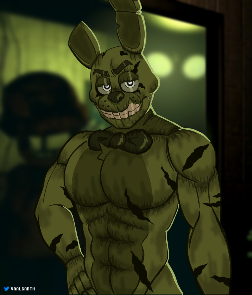 2022 absurd_res animatronic anthro bedroom_eyes biped blurred_background bow_tie digital_media_(artwork) eyebrows five_nights_at_freddy's five_nights_at_freddy's_3 fur fur_tuft glowing glowing_eyes green_body green_fur half-closed_eyes hand_on_hip hi_res human humanoid lagomorph leporid looking_at_viewer machine male mammal muscular muscular_male narrowed_eyes notched_ear rabbit robot scottgames seductive shaded smile solo springtrap_(fnaf) standing teeth tuft undead vaalgarth video_games white_eyes william_afton_(fnaf)
