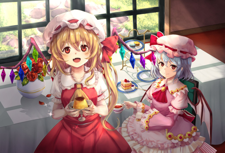 2girls ascot bangs bat_wings blonde_hair blush bow breasts brooch chair closed_mouth collarbone commentary_request crystal dress fang flandre_scarlet flower flower_pot food frilled_bow frilled_dress frilled_sleeves frills hat hat_bow hat_ribbon highres indoors jewelry light_purple_hair long_sleeves macaron medium_breasts medium_hair mob_cap multiple_girls one_side_up open_mouth pink_dress plate pudding puffy_short_sleeves puffy_sleeves red_ascot red_eyes red_flower red_rose red_skirt red_vest remilia_scarlet ribbon rose short_hair short_hair_with_long_locks short_sleeves siblings sidelocks sisters sitting skin_fang skirt skirt_set sparkle standing sunlight table tablecloth torottye touhou tray vest wide_sleeves window wings yellow_ascot