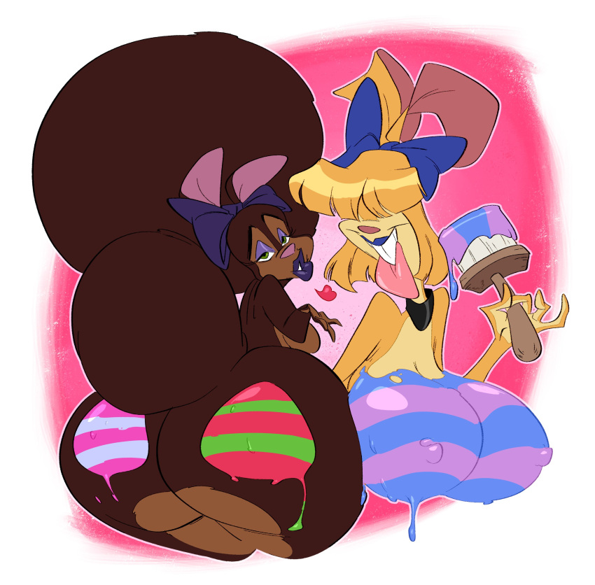 &lt;3 2020 absurd_res accessory angora_rabbit anthro berry_wabeet_(slb) big_breasts big_butt blonde_hair bodypaint breasts brown_body brown_fur brush buckteeth butt carrie_wabeet_(slb) collar domestic_rabbit duo eyeshadow female fur green_eyes hair hair_accessory hair_bow hair_over_eyes hair_ribbon half-closed_eyes hi_res holding_object huge_butt lagomorph leporid lips looking_at_viewer makeup mammal medium_breasts narrowed_eyes nipples nude oryctolagus paint paintbrush purple_eyeshadow purple_lips rabbit rear_view ribbons side_boob slb teeth tied_ears tongue tongue_out wide_hips