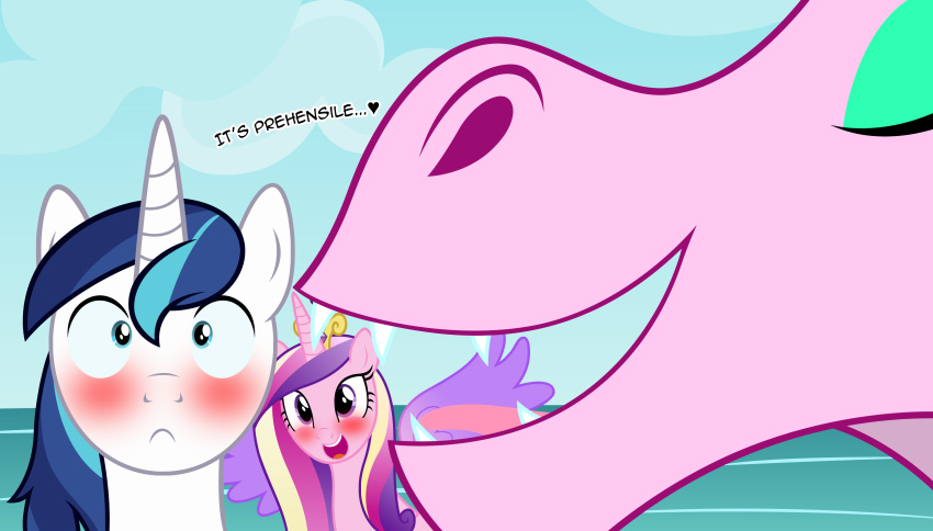 &lt;3 absurd_res aria_blaze_(eg) badumsquish blue_eyes blue_hair blush dialogue english_text equestria_girls equid equine eyeshadow fangs friendship_is_magic green_eyeshadow hair hasbro hi_res horn makeup mammal my_little_pony princess_cadance_(mlp) shining_armor_(mlp) siren text unicorn wing_boner winged_unicorn wings