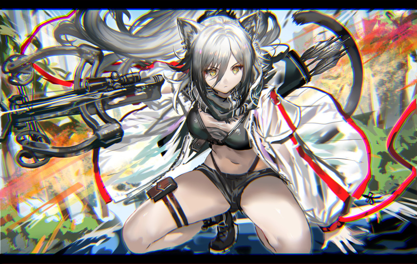 1girl animal_ears arknights arrow_(projectile) bangs bare_legs black_footwear black_shorts breasts cat_ears cat_tail commentary_request crop_top crossbow floating_hair highres holding holding_crossbow holding_weapon jacket large_breasts letterboxed long_hair long_sleeves looking_at_viewer micro_shorts midriff open_clothes open_jacket partial_commentary pouch quiver ran'ou_(tamago_no_kimi) schwarz_(arknights) shoes shorts silver_hair solo stomach tail thigh_strap thighs very_long_hair weapon white_jacket yellow_eyes