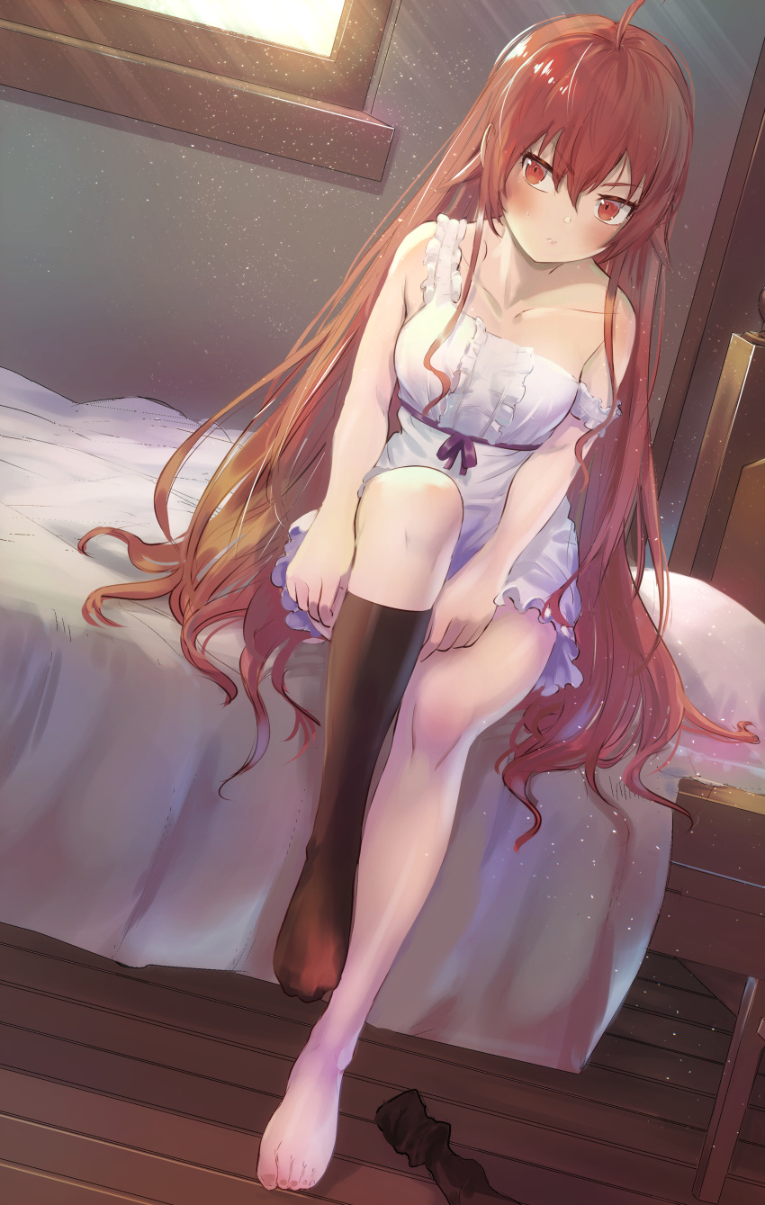 1girl absurdres ahoge bangs bare_legs barefoot black_legwear blush closed_mouth collarbone dress dressing dutch_angle eris_greyrat hair_between_eyes highres kneehighs light_particles long_hair mushoku_tensei off_shoulder on_bed purple_ribbon red_eyes red_hair rei_no_himo ribbon shiny shiny_hair short_dress sitting sitting_on_bed solo straight_hair sunlight very_long_hair white_dress wooden_floor yumesaki_takeshi