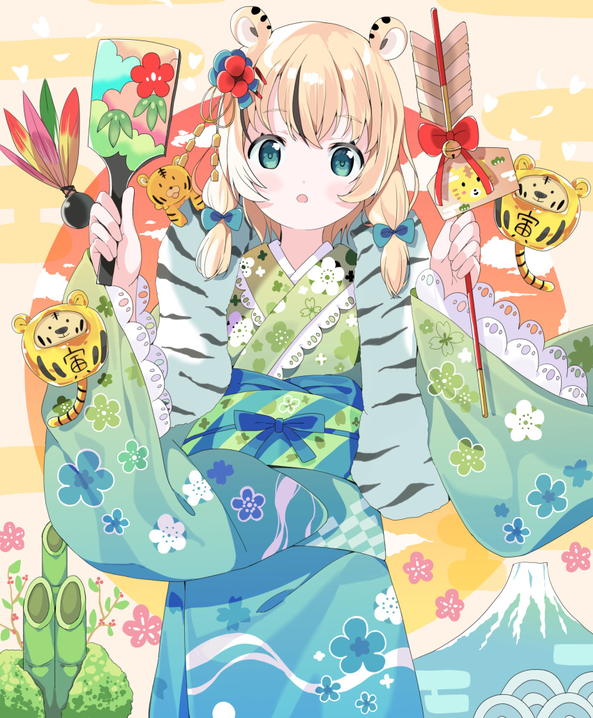 1girl :o absurdres animal animal_ears animal_print arrow_(projectile) bell black_hair blonde_hair blue_bow blue_kimono bow chinese_zodiac commentary daruma_doll english_commentary floral_print flower furisode green_eyes green_kimono hagoita hair_bow hair_flower hair_ornament hairclip hamaya hane_(hanetsuki) highres holding holding_arrow japanese_clothes jingle_bell kadomatsu kimono long_hair long_sleeves looking_at_viewer mount_fuji multicolored_hair obi original paddle parted_lips print_kimono red_flower sash solo streaked_hair tantan_men_(dragon) tiger tiger_ears tiger_print wide_sleeves year_of_the_tiger