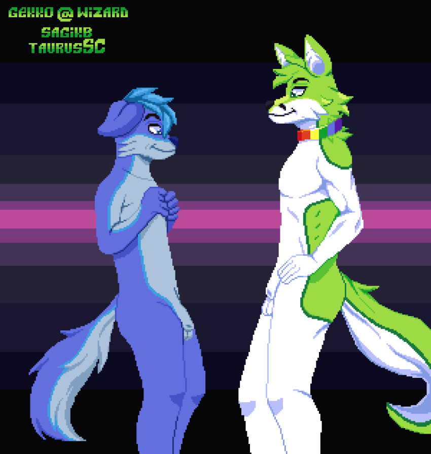 animated anthro balls black_nose canid canine canis digital_media_(artwork) domestic_dog duo erection fidget_the_fox fox fur gekkowizard genitals green_body green_eyes green_fur hair hi_res male male/male mammal multicolored_penis nude penis pup_(supersonicsoup) rainbow_penis short_playtime simple_background smile tongue white_body white_fur