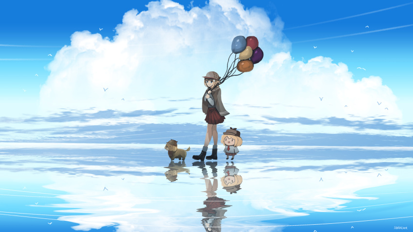 2girls :d anonamos balloon bird black_footwear blue_eyes blue_sky blue_theme boots brown_skirt bubba_(watson_amelia) cape clip_studio_paint_(medium) cloud commentary_request deerstalker dog from_side full_body hat highres holding holding_balloon hololive hololive_english making-of_available multiple_girls outdoors pleated_skirt reflection ripples shirt skirt sky smile smol_ame virtual_youtuber water watson_amelia white_shirt