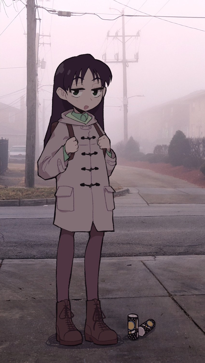 1girl backpack bag bangs boots brown_footwear can coat english_commentary flat_chest flcl full_body green_shirt half-closed_eyes highres kemori long_hair long_sleeves looking_at_viewer ninamori_eri open_mouth outdoors pantyhose pavement purple_hair shirt solo standing utility_pole