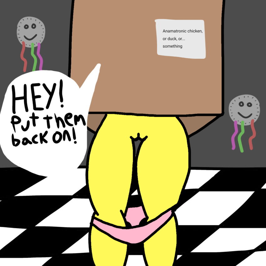 anthro assisted_exposure bottomwear bottomwear_pull checkered_floor chica_(fnaf) clothing clothing_pull embarrassed female five_nights_at_freddy's hi_res scottgames solo video_games yellow_body