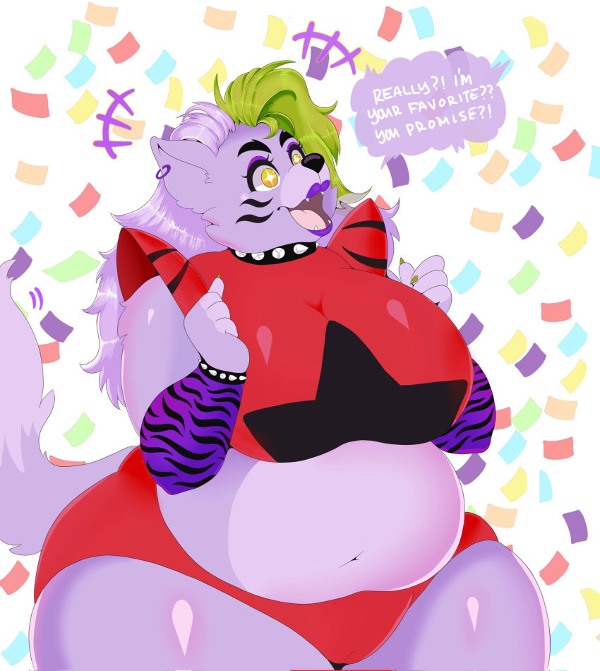 2022 4_fingers alternate_species anthro arm_warmers armwear belly big_breasts black_markings bracelet breasts canid canine canis clothing collar confetti crop_top curvy_figure dialogue ear_piercing ear_ring ecto_ghouler english_text exited female fingers five_nights_at_freddy's five_nights_at_freddy's:_security_breach fur furrification green_hair green_highlights hair hi_res highlights_(coloring) huge_breasts jewelry lips lipstick makeup mammal markings morbidly_obese morbidly_obese_anthro morbidly_obese_female multicolored_hair navel obese obese_anthro obese_female open_mouth overweight overweight_anthro overweight_female panties piercing purple_body purple_fur purple_hair purple_lips red_clothing red_crop_top red_panties red_topwear red_underwear rocker roxanne_wolf_(fnaf) scottgames shirt shoulder_pads simple_background solo speech_bubble spiked_bracelet spiked_collar spikes steel_wool_studios text thick_thighs topwear two_tone_hair underwear video_games voluptuous white_background wide_hips wolf yellow_eyes