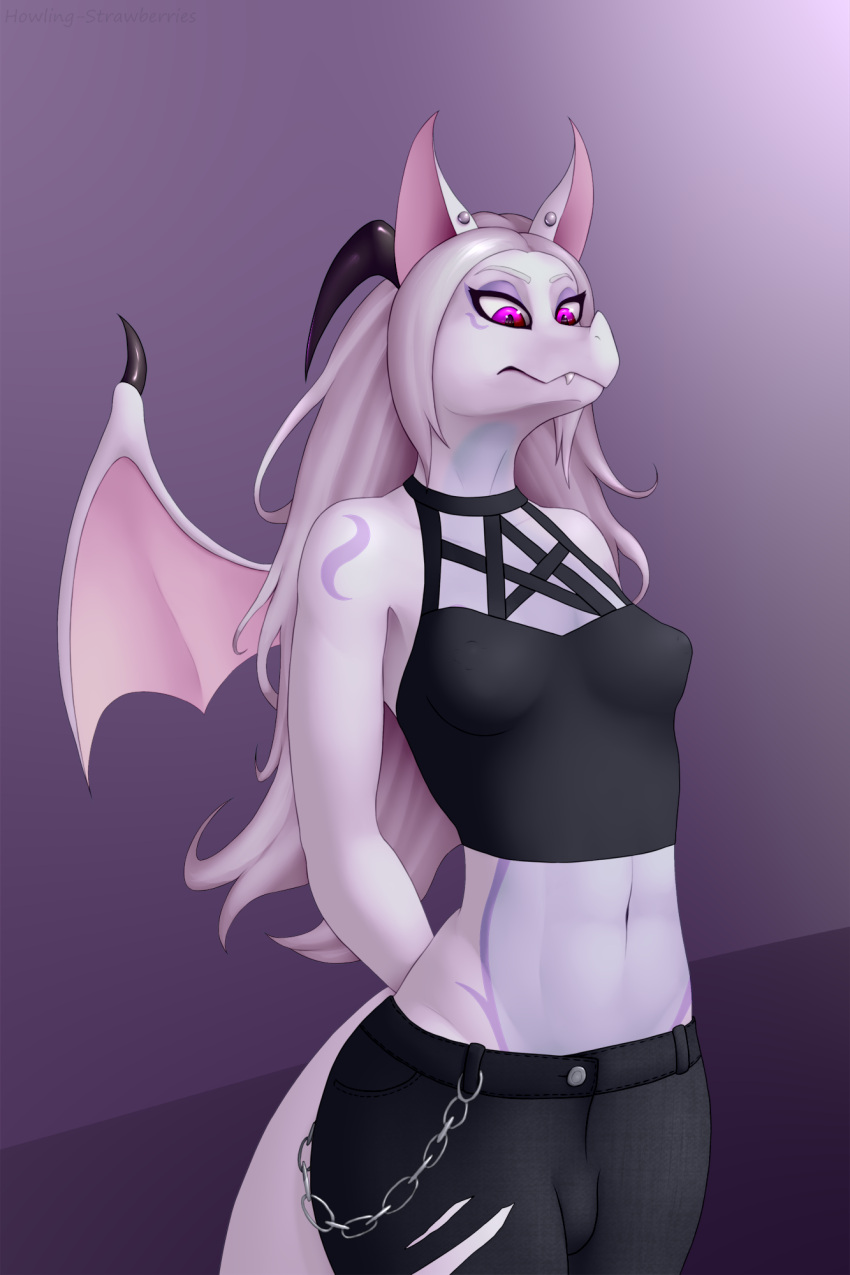 anthro black_horn blue_body breasts chiropteran clothed clothing cute_fangs dragon ear_piercing gynomorph hair hi_res horn howling-strawberries hybrid intersex long_hair looking_down mammal markings membrane_(anatomy) membranous_wings piercing purple_eyes purple_markings simple_background small_breasts snout solo strawberries_(character) white_body white_hair wings