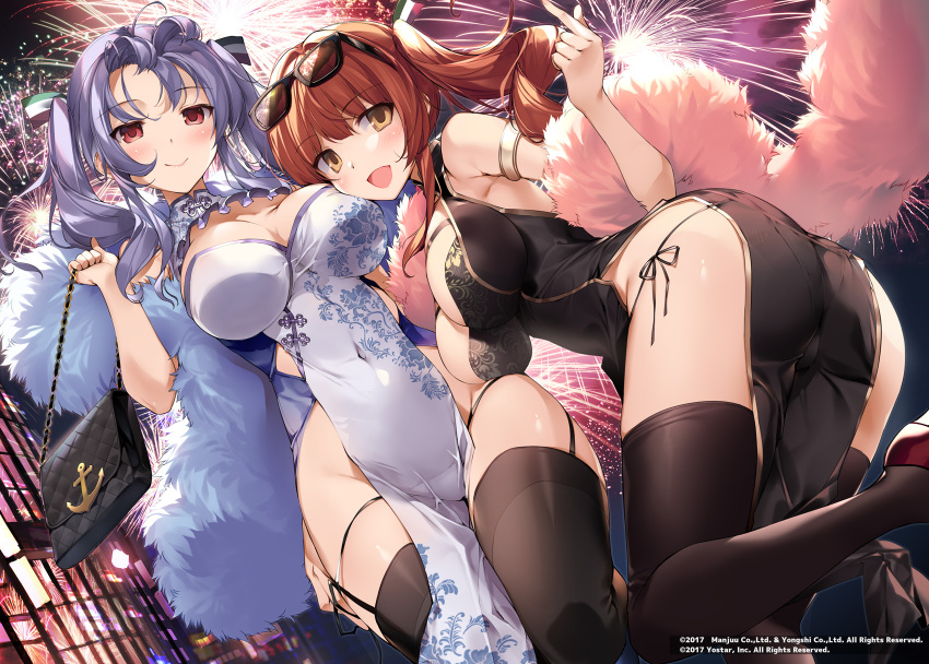 2girls alternate_costume ass azur_lane bag black_bag black_dress black_legwear blue_footwear breasts china_dress chinese_clothes chinese_new_year cleavage cleavage_cutout clothing_cutout commentary_request dress eyewear_on_head feather_boa fireworks floral_print from_below gold_trim handbag highres holding holding_bag italian_flag karory large_breasts leg_up long_hair looking_at_viewer looking_down multiple_girls no_panties official_art open_mouth outdoors panties pelvic_curtain pola_(azur_lane) purple_hair red_eyes red_footwear red_hair shoes side-tie_panties side_slit sleeveless sleeveless_dress standing thighhighs twintails underwear yellow_eyes zara_(azur_lane)