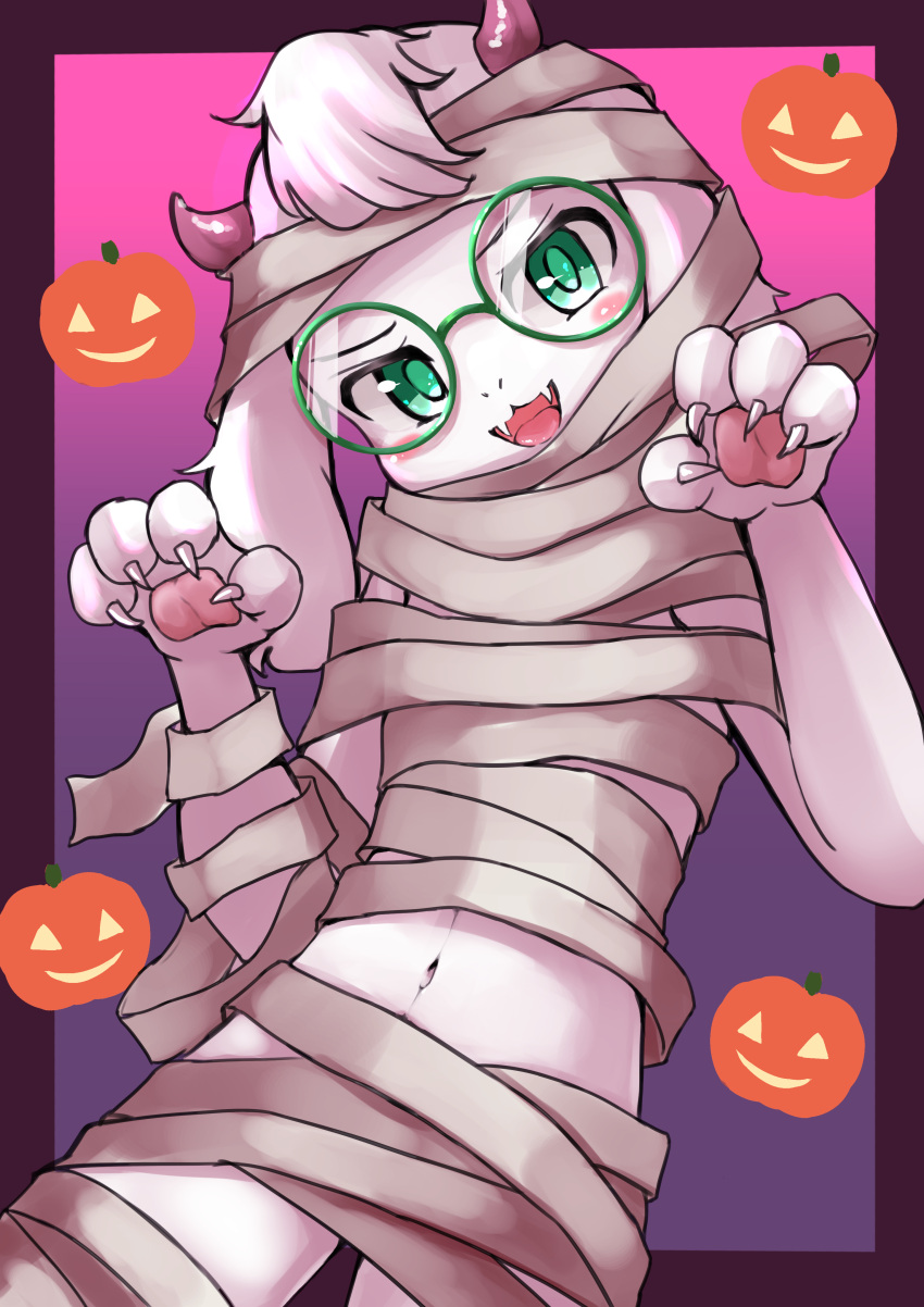 2_horns 4_fingers absurd_res anthro bandage blush bovid caprine deltarune eyewear fangs fingers food fruit fur glasses goat halloween hi_res holidays horn looking_at_viewer male mammal midriff mummy_costume navel open_mouth pawpads plant pumpkin ralsei simple_background solo susu_(artist) undertale_(series) video_games white_body white_fur