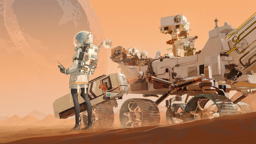 1girl astronaut black_footwear black_legwear blue_hair chinese_commentary commentary_request high_heels highres long_hair mars_(planet) original pantyhose perseverance_(mars_hover) planet robot sand scenery sidelocks solo space sunlight ya_yan