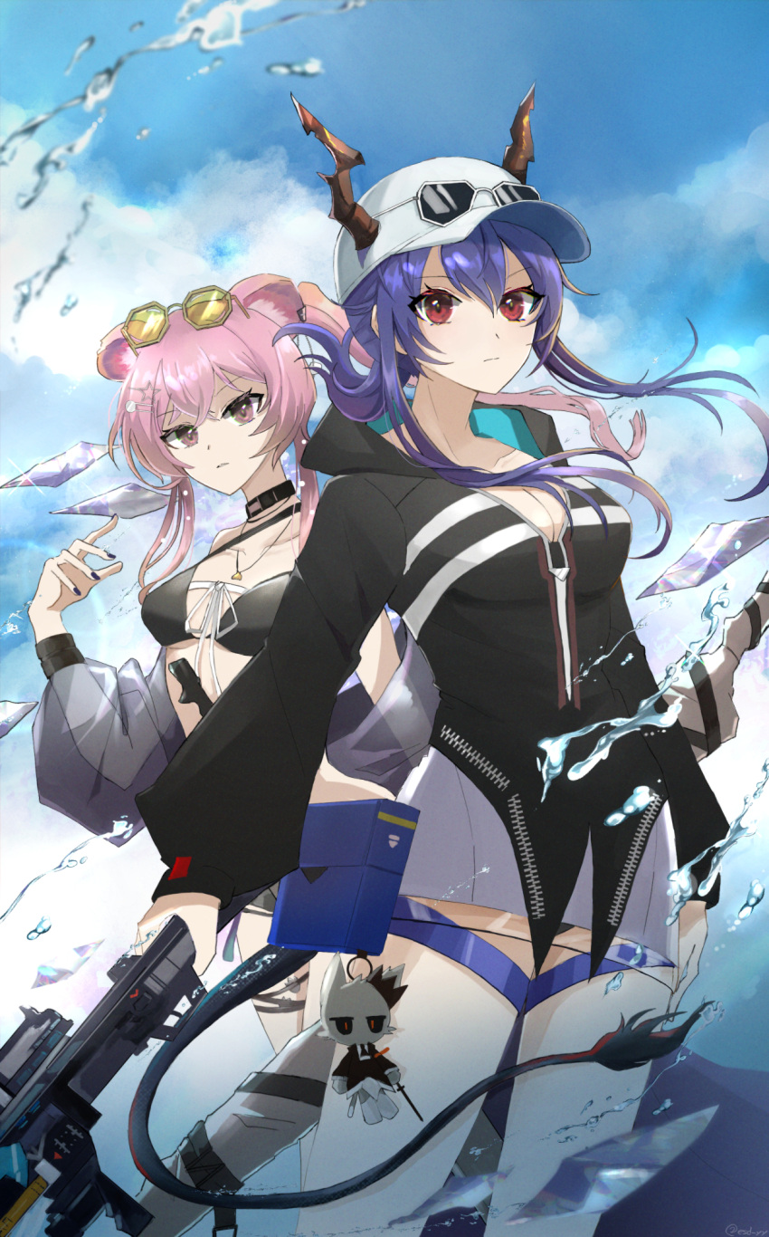 2girls animal_ear_fluff animal_ears arknights bare_shoulders baseball_cap bikini black_bikini black_choker black_jacket black_nails blue_hair blue_sky breasts brown_eyes ch'en_(arknights) ch'en_the_holungday_(arknights) choker cleavage closed_mouth collarbone commentary_request cowboy_shot crystal day disembodied_limb dragon_girl dragon_horns dragon_tail esuda0919 eyewear_on_head green-tinted_eyewear gun hair_ornament hairclip hat highres holding holding_gun holding_weapon horns horns_through_headwear jacket jewelry lin_yuhsia_(arknights) long_hair long_sleeves looking_at_viewer medium_breasts mouse_ears multiple_girls nail_polish necklace no_pants outdoors outstretched_arms parted_lips pink_hair ponytail red_eyes see-through serious sidelocks sky sunglasses swimsuit tail thigh_strap tinted_eyewear v-shaped_eyebrows water water_gun weapon white-framed_eyewear white_headwear yellow-framed_eyewear