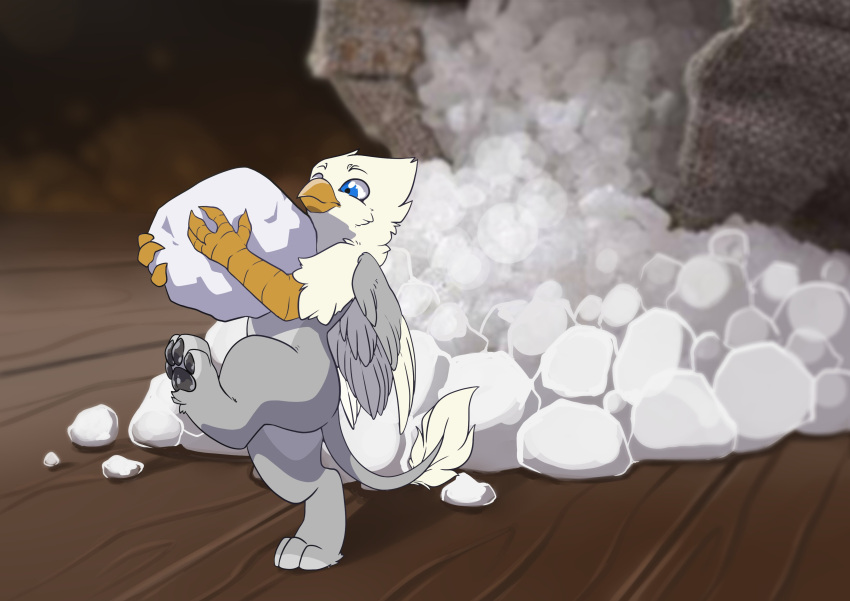 absurd_res ambiguous_gender ashley-arctic-fox avian beak blue_eyes claws feathered_wings feathers feral food gryphon hi_res holding_food holding_object looking_down micro mythological_avian mythology pawpads paws photo_background smile sugar tail_tuft tuft walking wings