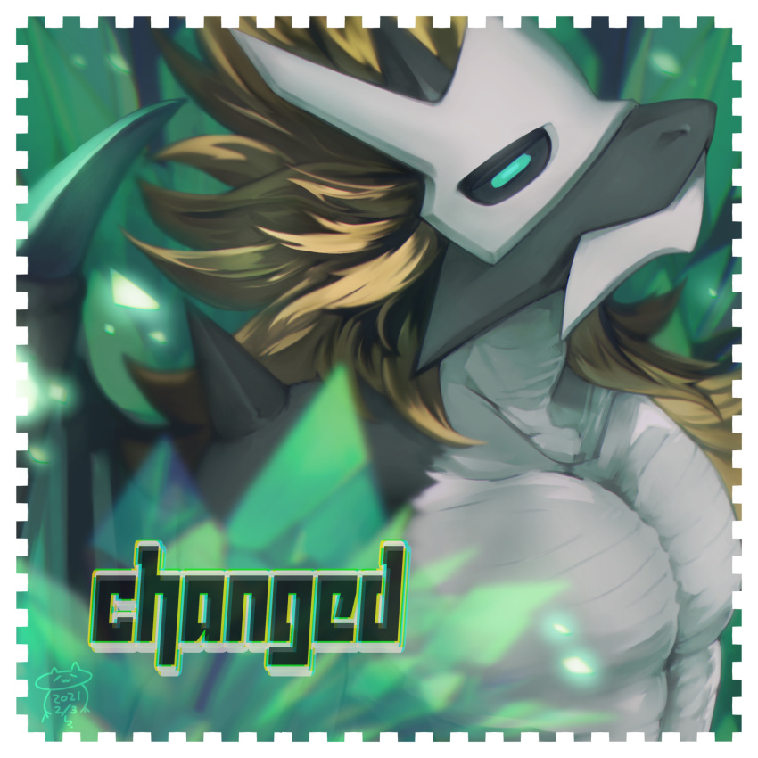 alpha_channel anthro biyabon black_body black_scales black_sclera blonde_hair bust_portrait changed_(video_game) countershade_scales countershade_torso countershading crystal detailed_background digital_media_(artwork) dragon elder_dragon_(changed) english_text eyes_closed front_view green_eyes hair hi_res horn inside kemono male mask membrane_(anatomy) membranous_wings monotone_hair multicolored_body multicolored_scales muscular muscular_anthro muscular_male nude pecs portrait scales scalie solo text three-quarter_view two_tone_body two_tone_scales white_body white_countershading white_scales wing_claws wings