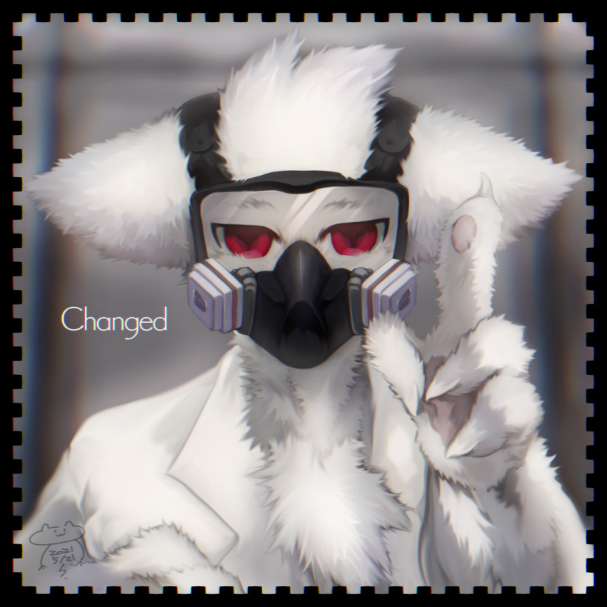 4_fingers anthro biped biyabon blurred_background bust_portrait canid canine changed_(video_game) chest_tuft claws clothed clothing coat detailed_background digital_media_(artwork) dr._k_(changed) english_text finger_claws fingers fluffy fluffy_chest fluffy_ears front_view fur gas_mask gesture head_tuft hi_res humanoid_hands inside kemono lab_coat looking_at_viewer male mammal mask monotone_body monotone_ears monotone_fur pawpads pink_pawpads portrait red_eyes sharp_claws solo standing text topwear tuft white_body white_claws white_clothing white_ears white_fur white_topwear