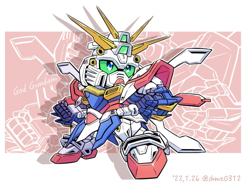 blue_eyes character_name chibi clenched_hand colored_sclera commentary dated english_commentary g_gundam god_gundam green_sclera gundam looking_up mecha mixed-language_commentary sd_gundam shokkaa_(shmz61312) solo twitter_username v-fin