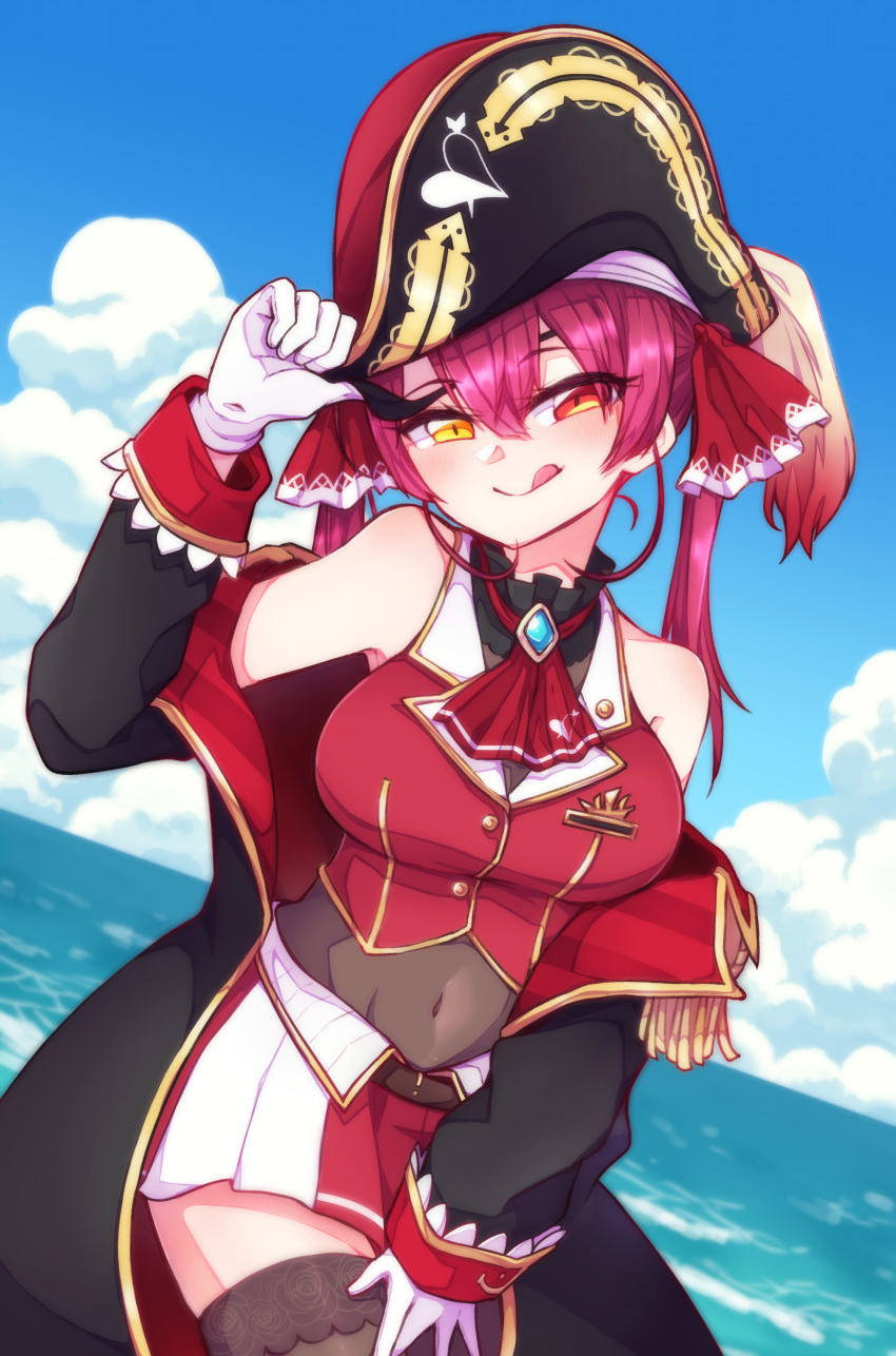 1girl absurdres bangs black_headwear black_jacket bodystocking breasts brown_eyes cloud covered_navel gloves hand_on_own_thigh hat heterochromia highres hololive houshou_marine jacket licking_lips medium_breasts nekotaririn ocean off_shoulder pirate_hat red_eyes red_skirt skirt sky solo tongue tongue_out twintails virtual_youtuber white_gloves