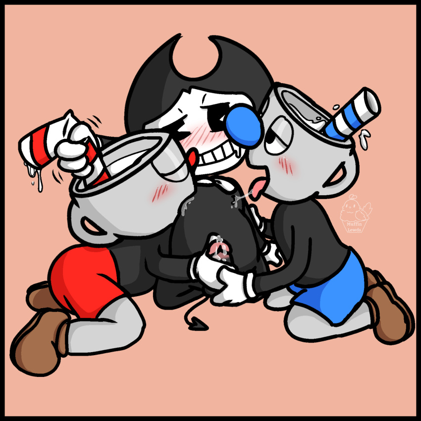 1:1 animate_inanimate anthro ball_fondling balls bendy_and_the_ink_machine bendy_straw bendy_the_dancing_demon black_body blush bodily_fluids bow_tie clothed clothed/nude clothing container cum cup cuphead_(character) cuphead_(game) demon digital_drawing_(artwork) digital_media_(artwork) erection fleischer_style_toon fondling footwear for_a_head fully_clothed genital_fluids genitals gloves group handjob handwear hi_res humanoid humanoid_genitalia humanoid_penis licking male male/male muffinlewds mugman nipple_fetish nipple_lick nipple_play nipple_suck nipples not_furry nude object_head open_mouth penile penis saliva saliva_string sex shoes sibling simple_background smile socks straw sucking tongue tongue_out toony two-handed_handjob video_games