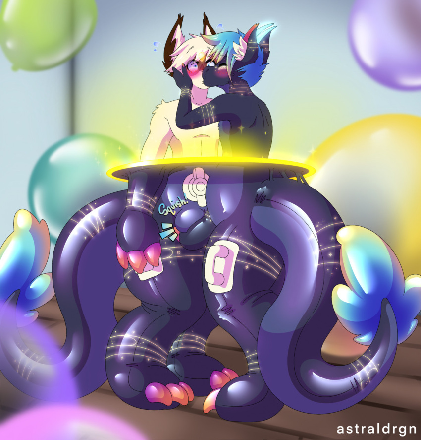 anthro astraldrgn balloon big_tail blush bulge bulge_frottage dragon duo girly glowing glowing_markings hand_on_face handles_on_hips hi_res human inflatable inflatable_toy kissing love male male/male mammal markings mid_transformation nozzle pool_toy transformation transformation_ring twinning