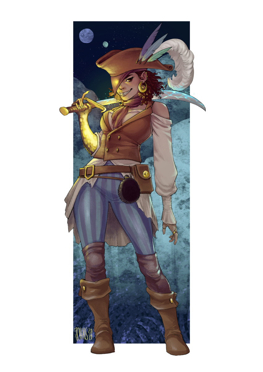 1girl artsynada ascot bare_shoulders belt belt_pouch bicorne blue_pants boots border brown_ascot brown_belt brown_eyes brown_footwear brown_hair contrapposto dark-skinned_female dark_skin earrings full_body full_moon glowing_skin grin hat hat_feather highres holding holding_sword holding_weapon jewelry long_sleeves looking_at_viewer medium_hair moon multiple_moons over_shoulder pants plume pouch rasea_zecrew ring scimitar sharp_teeth signature smile solo standing striped striped_pants sword teeth the_wandering_inn weapon weapon_over_shoulder white_border