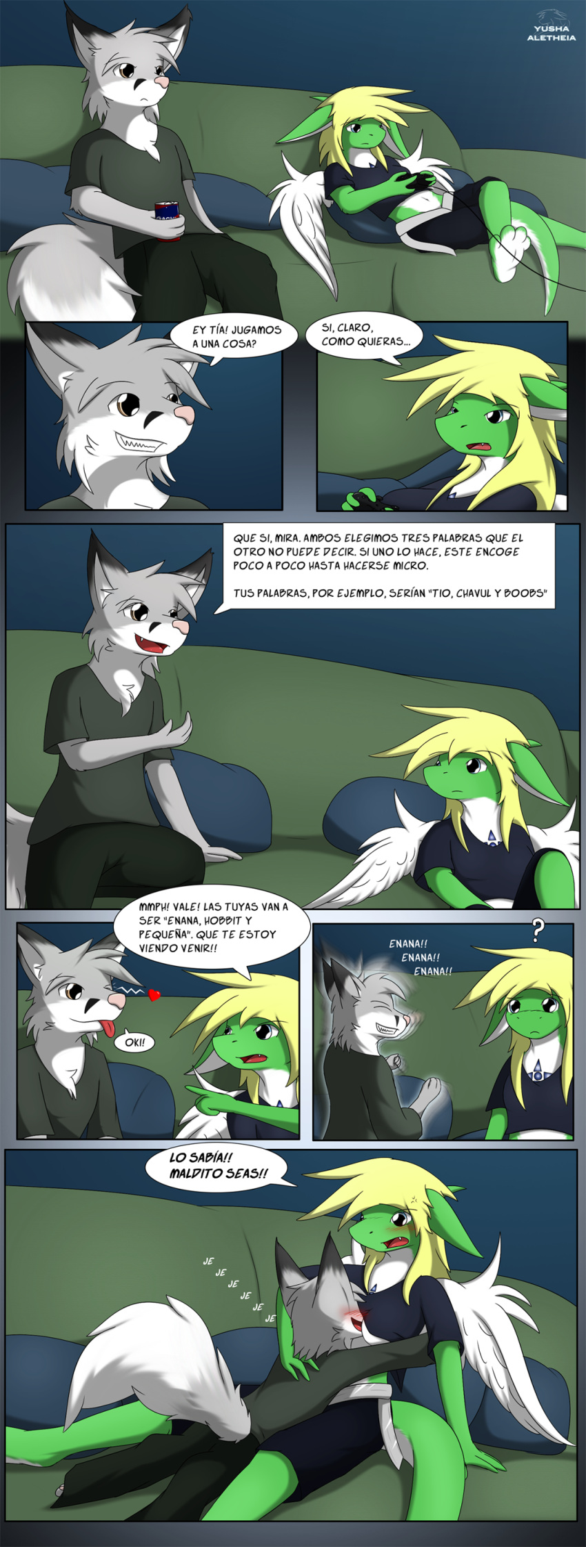 &lt;3 ? absurd_res annoyed anthro barefoot between_breasts blonde_hair blue_eyes blush breast_smother breasts brown_eyes can canid canine clothed clothing comic container controller dialogue dragon duo embrace excited eyes_closed face_between_breasts feathered_wings feathers feet female fox fur fur_markings furniture furred_dragon gesture giru_(artist) green_body green_fur grey_body grey_fur hair hand_on_back happy hi_res hug juanvi looking_bored male male/female mammal markings one_page_comic open_mouth pillow pointing pointing_at_another shocked shrinking size_difference size_transformation smaller_male smothering sofa spanish_text speech_bubble suprised_eyes suprised_look text transformation white_body white_fur wings yuri_(giru)