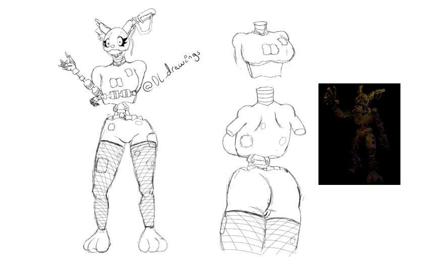 animatronic anthro big_breasts breast_squish breasts burntrap_(fnaf) butt cleavage_cutout clothed clothing desesperadoleon female five_nights_at_freddy's five_nights_at_freddy's:_security_breach genitals hi_res lagomorph legwear leporid machine mammal metal pussy rabbit robot scottgames solo springtrap_(fnaf) squish stitch_(disambiguation) thick_thighs thigh_highs under_boob video_games william_afton_(fnaf)