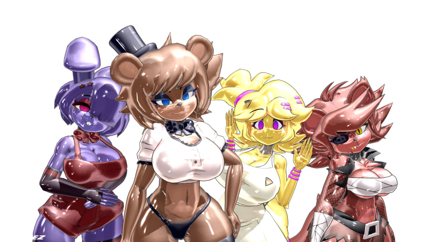 accessory anthro apron avian badge bandaged_arm bandaged_chest big_breasts bird black_arm_warmers black_bow_tie black_clothing black_thong black_top_hat black_underwear blue_eyes bonnie_(cally3d) bonnie_(fnaf) bracelet breasts brown_body brown_fur buckteeth canid canine chica_(cally3d) chica_(fnaf) chicken clothing eye_patch eyewear feathers female five_nights_at_freddy's fox foxy_(cally3d) foxy_(fnaf) freddy_(fnaf) fredina_(cally3d) fur galliform gallus_(genus) gold_(metal) gold_tooth group hair hair_accessory hair_over_eye hairclip hi_res jewelry lagomorph leporid mammal one_eye_obstructed overalls phasianid photo pink_eyes prykez purple_body purple_fur rabbit red_body red_bow_tie red_eyes red_fur red_overalls scottgames smile teeth thong underwear ursid video_games yellow_body yellow_eyes yellow_feathers