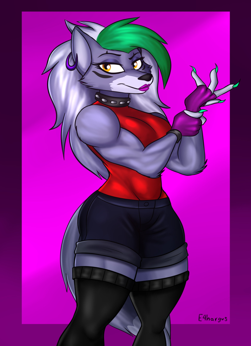 absurd_res anthro athletic athletic_anthro athletic_female biceps bottomwear bracelet canid canine canis clothing collar e4hargus ear_piercing eyelashes facial_markings female fingerless_gloves five_nights_at_freddy's five_nights_at_freddy's:_security_breach footwear fur gloves green_hair grey_body grey_fur hair handwear head_markings hi_res hotpants jewelry legwear lipstick makeup mammal markings muscular muscular_anthro muscular_female piercing roxanne_wolf_(fnaf) scottgames security_breach:_fury's_rage shorts simple_background sleeveless_shirt socks solo studded_collar thick_thighs thigh_highs thigh_socks video_games white_hair wide_hips wolf yellow_eyes