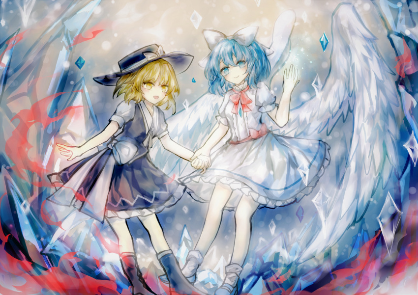 2girls absurdres angel_wings black_bow black_footwear black_headwear black_skirt black_vest blonde_hair blue_eyes blue_footwear blue_hair boots bow bowtie breasts center_frills collared_shirt cross-laced_footwear feathered_wings fedora frilled_skirt frills hat hat_bow highres holding_hands mai_(touhou) mary_janes multiple_girls puffy_short_sleeves puffy_sleeves red_bow red_bowtie red_sash ribbon sanuo sash shirt shoes short_hair short_sleeves skirt small_breasts touhou touhou_(pc-98) vest white_bow white_ribbon white_shirt white_wings wings yellow_eyes yuki_(touhou)