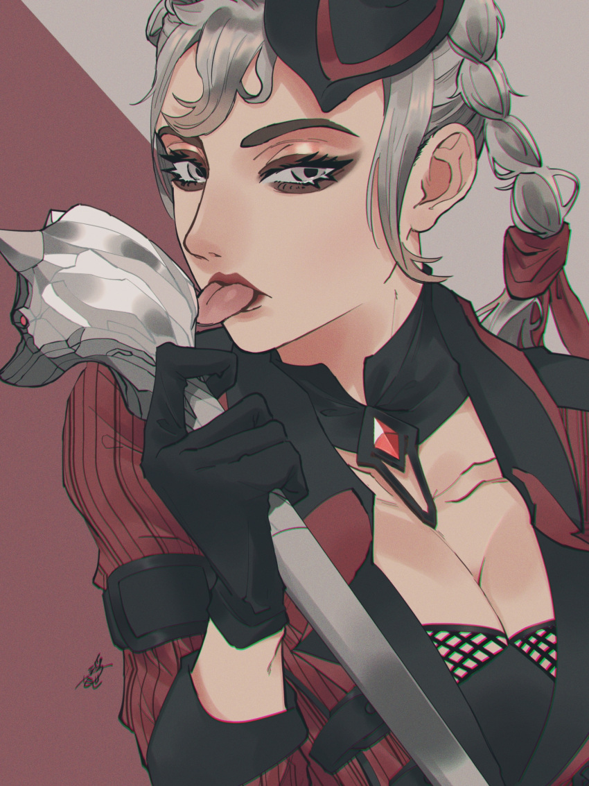 1girl apex_legends black_eyeshadow black_headwear bootlegger_loba braid breasts cleavage collarbone eyeshadow grey_eyes grey_hair hair_behind_ear hat highres holding holding_staff jacket licking loba_(apex_legends) makeup medium_breasts mini_hat official_alternate_costume red_jacket solo staff tongue tongue_out twin_braids ukiyo_okashi