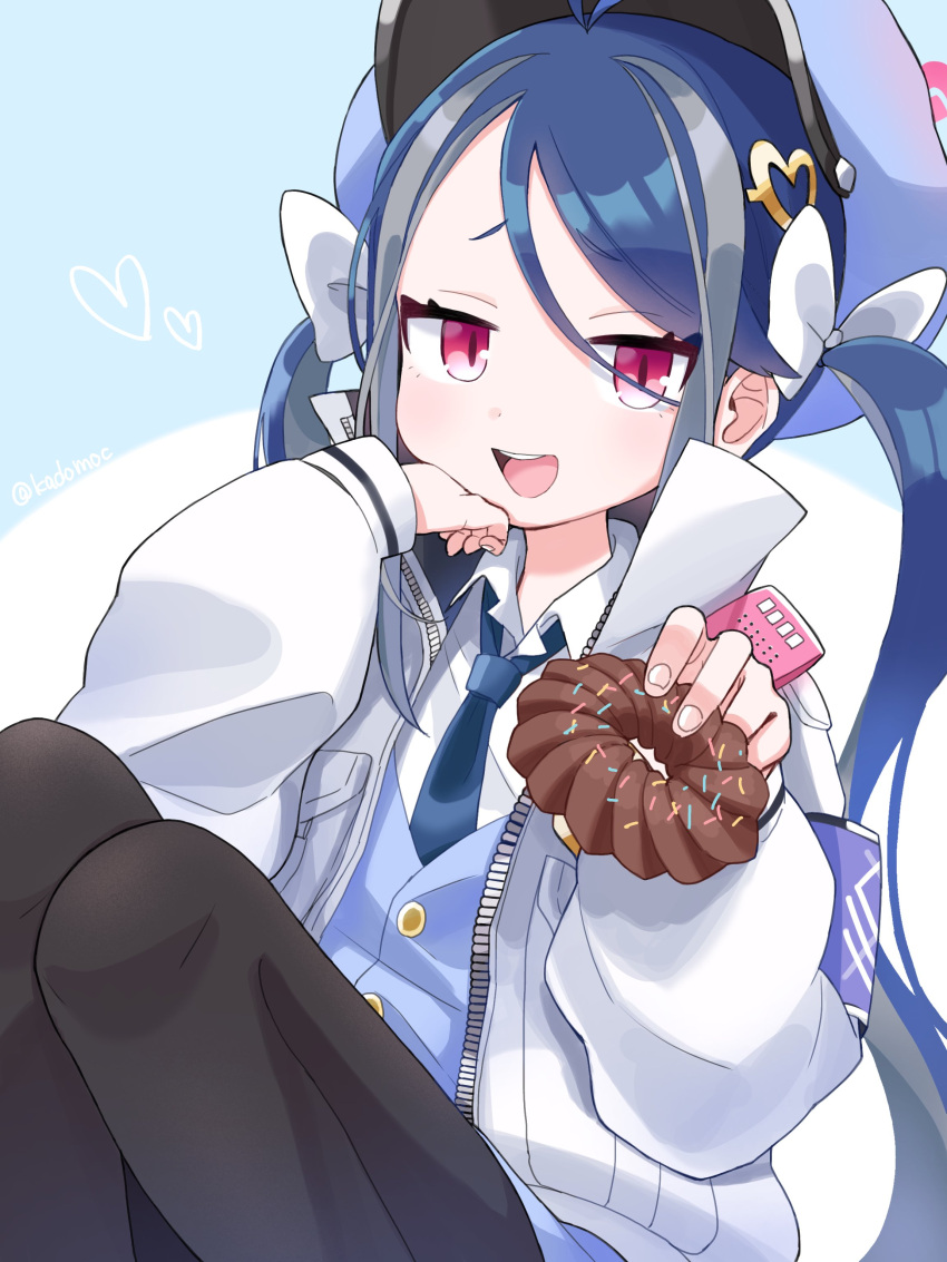 1girl absurdres antenna_hair blue_archive blue_hair blue_necktie blush bow commentary_request doughnut food fubuki_(blue_archive) grey_hair hair_between_eyes hair_bow hair_ornament hairclip hat heart heart_hair_ornament high_collar highres holding holding_food jacket long_hair long_sleeves looking_at_viewer marui_kado multicolored_hair necktie open_mouth red_eyes shirt simple_background solo streaked_hair twintails twitter_username two-tone_background very_long_hair white_bow white_jacket white_shirt