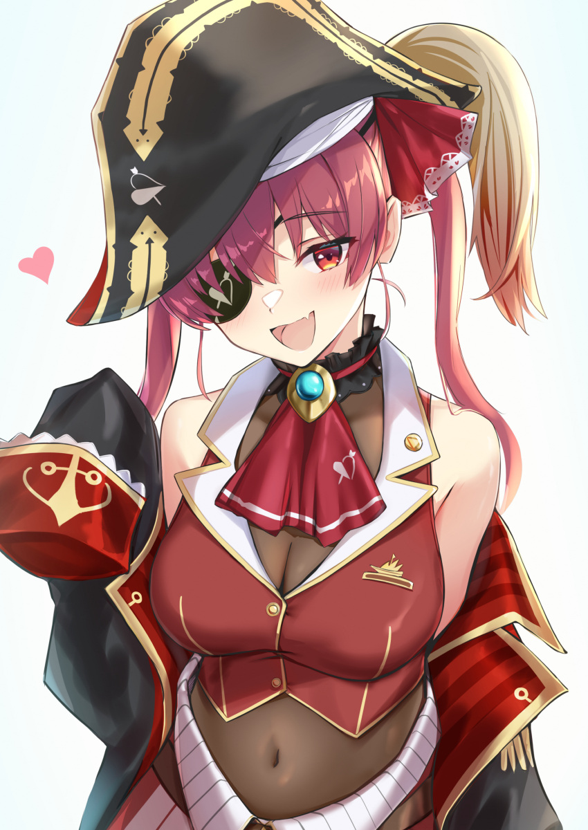 1girl absurdres bare_shoulders bee_doushi belt black_coat black_headwear bodysuit breasts brooch coat covered_navel crop_top eyepatch gold_trim hat highres hololive houshou_marine jewelry large_breasts long_hair looking_at_viewer midriff off_shoulder open_mouth pirate_hat red_eyes red_hair red_shirt shirt sleeveless sleeveless_shirt smile solo twintails upper_body virtual_youtuber wing_collar