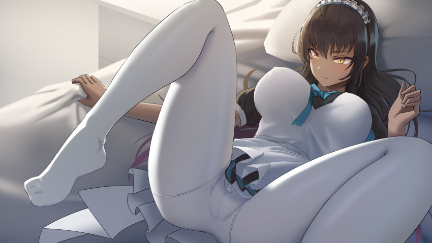 1girl bangs bed bed_sheet black_hair blue_archive blue_bow blue_bowtie bow bowtie breasts closed_mouth dark-skinned_female dark_skin gan-viking highres indoors karin_(blue_archive) long_hair lying maid maid_headdress no_shoes on_back pantyhose solo spread_legs white_legwear yellow_eyes