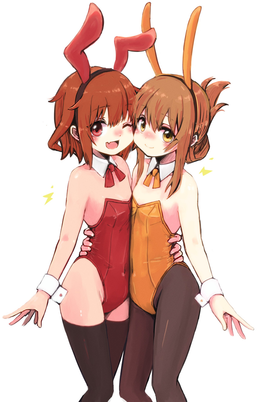 2girls absurdres animal_ears bangs black_legwear blush bow bowtie brown_eyes brown_hair commentary_request cowboy_shot detached_collar fang flat_chest folded_ponytail highres ikazuchi_(kancolle) inazuma_(kancolle) kantai_collection leotard long_hair multiple_girls neck_ribbon one_eye_closed open_mouth orange_leotard orange_ribbon pantyhose playboy_bunny rabbit_ears red_bow red_eyes red_leotard red_ribbon revision ribbon short_hair simple_background skin_fang smile standing strapless strapless_leotard thighhighs unagiman white_background wrist_cuffs