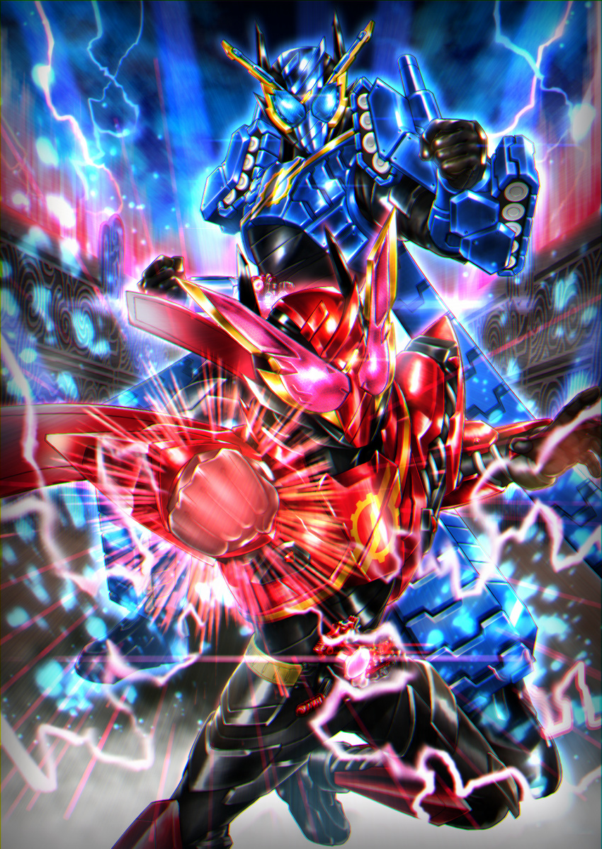 armor blue_armor blue_eyes build_driver bunny driver dual_persona electricity flying gloves ground_vehicle hazard_trigger highres incoming_attack incoming_punch kamen_rider kamen_rider_build kamen_rider_build_(series) leg_up military military_vehicle motor_vehicle power_armor powering_up punching rabbit+rabbit_form red_eyes rider_belt ryukawa tank tank+tank_form tokusatsu