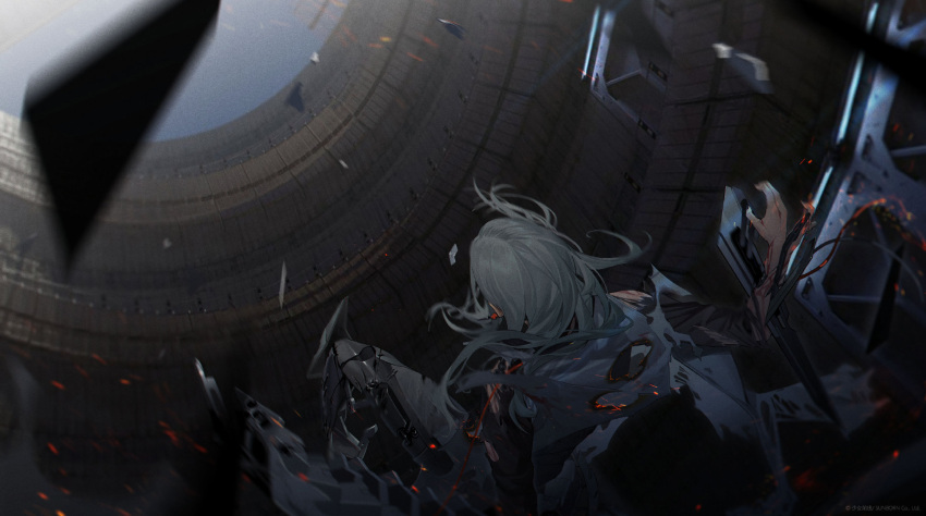 1girl android blade blurry blurry_foreground burnt character_request damaged earrings falling girls'_frontline grey_hair highres jewelry long_hair mechanical_legs official_art paradeus solo sparks torn_clothes
