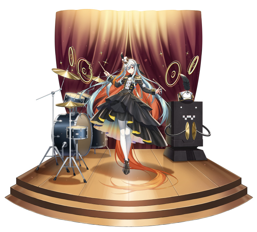 1girl absurdres alternate_costume band_uniform braid counter:side curtains cymbals drum drum_set drumsticks full_body hat highres honeycomb_(pattern) instrument long_hair looking_at_viewer machine-g.a.p. multicolored_hair official_alternate_costume one_eye_closed orange_hair red_eyes robot shako_cap sigma_(counter:side) silver_hair smile sparkle tachi-e white_legwear