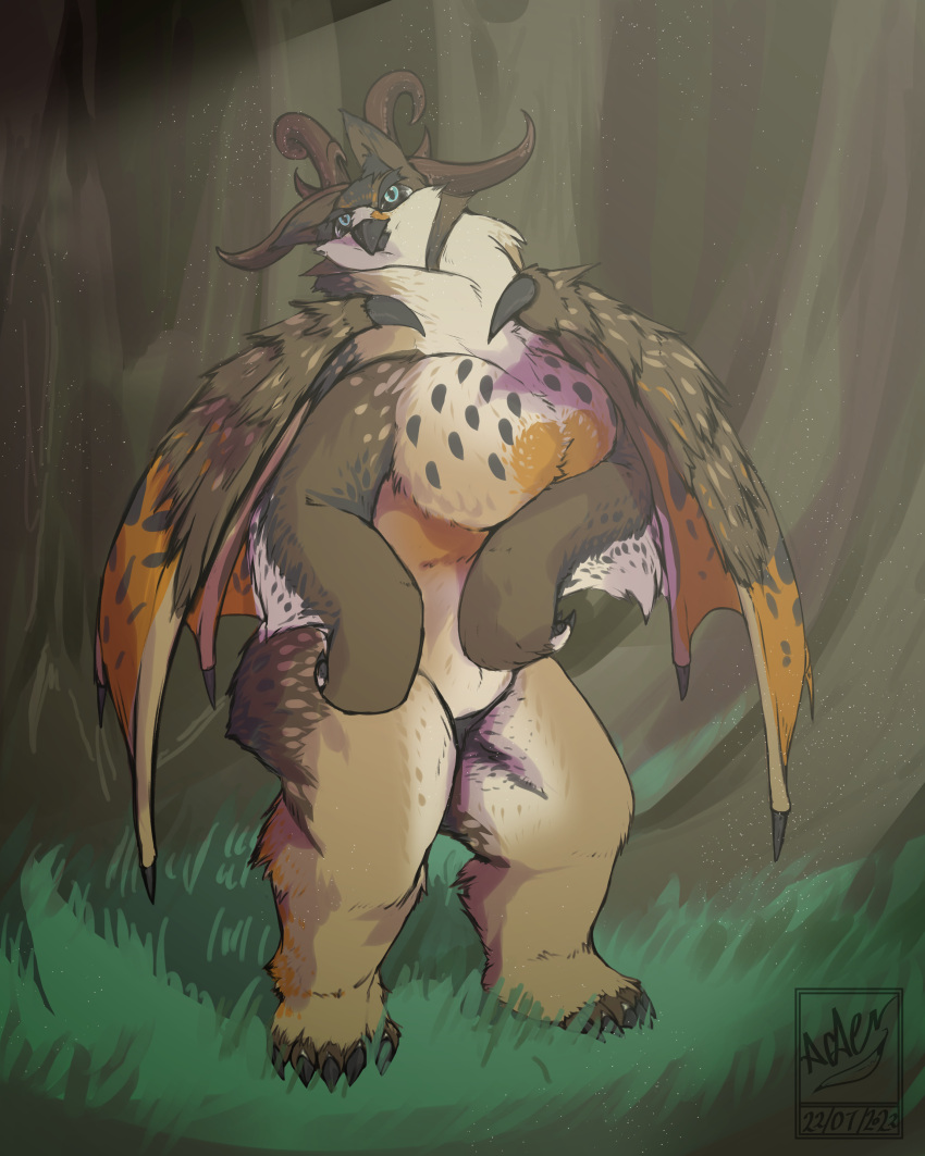 absurd_res acaen anthro arm_tuft avian beak biped bird black_beak blue_eyes breasts brown_body brown_fur caraway claws draconic dragon dungeons_and_dragons featureless_breasts featureless_crotch female forest forest_background fur furred_wings grass hasbro hi_res horn hybrid leg_tuft mammal multicolored_body multicolored_fur nature nature_background nude owl owlbear plant solo tan_body tan_fur thick_thighs tree tuft ursid wide_hips wings wizards_of_the_coast