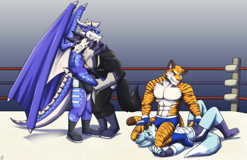 anthro axel_zeeland ballbusting boots bulge canid canine canis clothing cock_and_ball_torture dragon duo felid fight footwear fox genital_torture group hi_res juniorjosi male male/male mammal nyde pain pantherine pecs tiger wolf wrestling