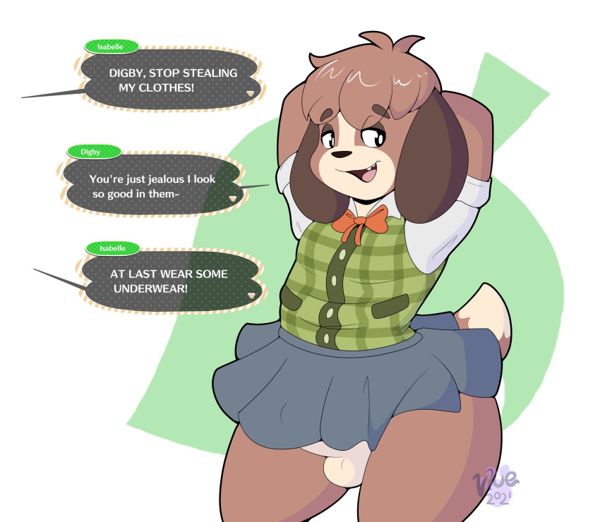 absurd_res animal_crossing anthro balls brown_body brown_fur canid canine canis clothed clothing crossdressing dialogue digby_(animal_crossing) digital_drawing_(artwork) digital_media_(artwork) domestic_dog dress english_text freeballing fur genitals girly hi_res male mammal maynara nintendo no_underwear penis ribbons simple_background solo teeth text tongue video_games