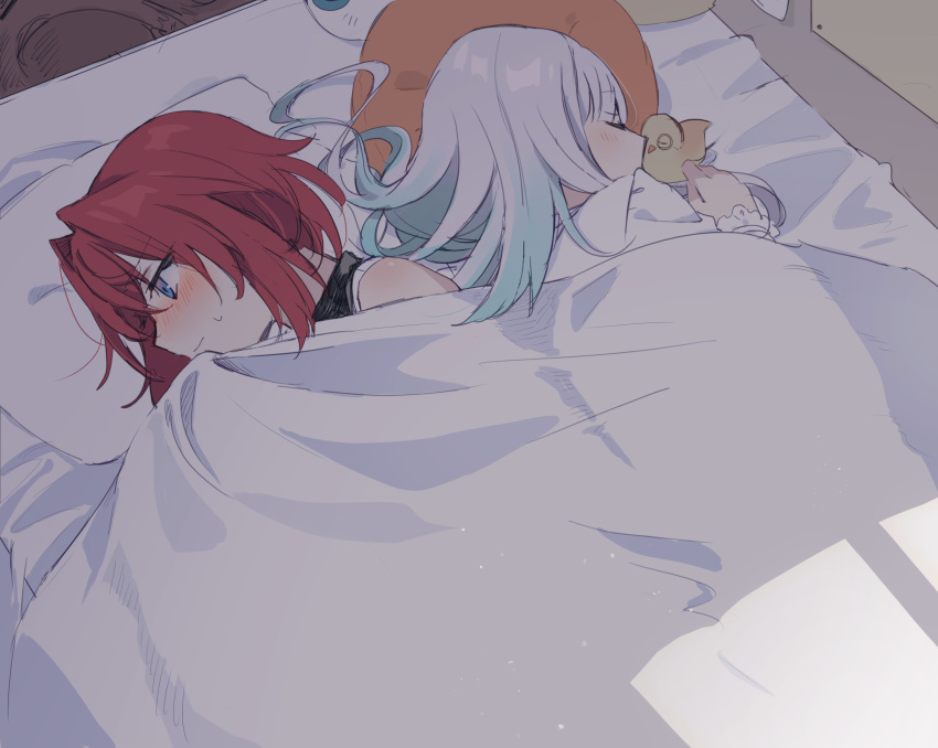 2girls ange_katrina bangs bed bird blanket blue_eyes blush chick hair_intakes highres indoors lize_helesta long_hair lying matsuzaka_(matsuzakagyu_29) multiple_girls nijisanji nose_blush on_side pillow red_hair sebastian_piyodore shared_blanket short_hair sleeping sweatdrop white_hair yuri