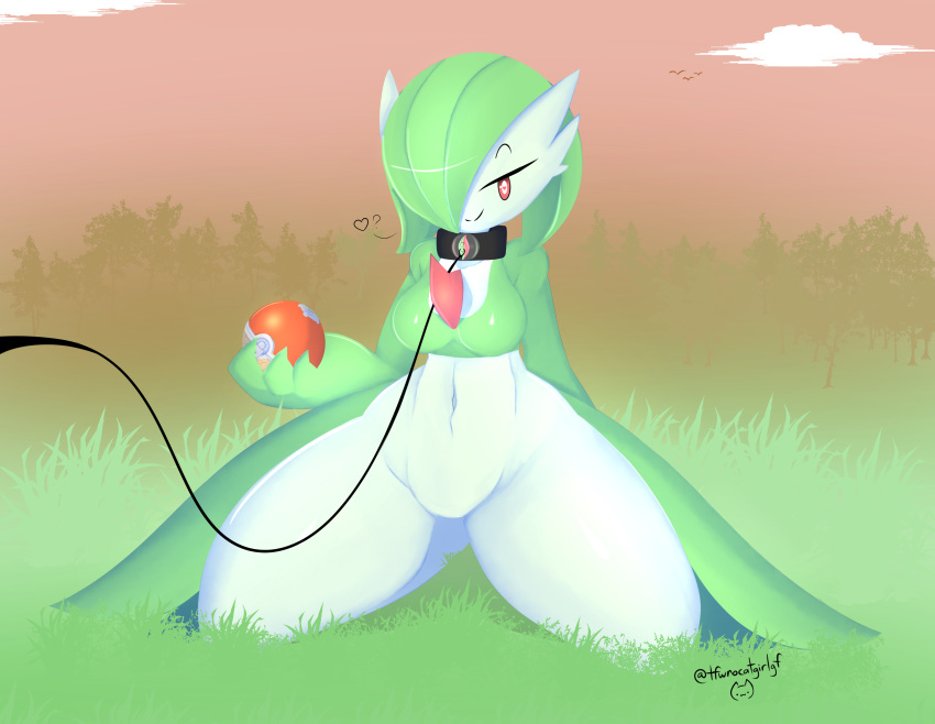 &lt;3 &lt;3_eyes absurd_res anthro bdsm collar female gardevoir grass hi_res kneeling leash lineless mega_stone nintendo plant pok&eacute;ball pok&eacute;mon pok&eacute;mon_(species) solo tfwnocatgirlgf video_games watermark