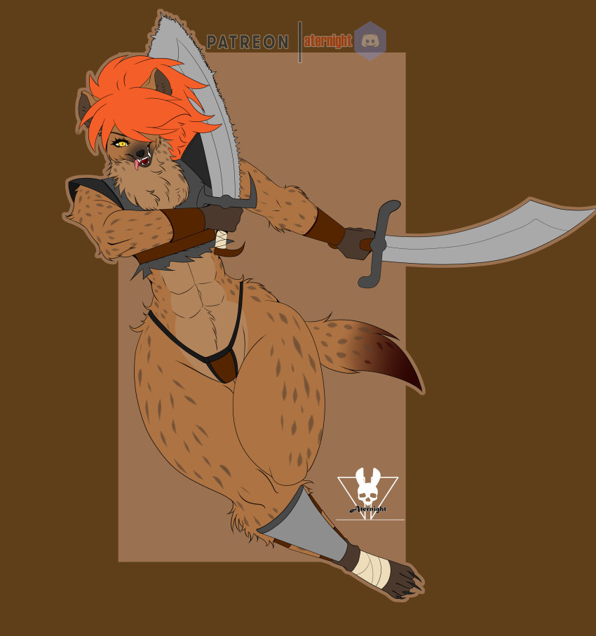 absurd_res anthro aternight bandage bandaged_foot bracelet canid eyebrows eyelashes fangs female hair hi_res hyaenid hybrid jewelry mammal melee_weapon muscular pinup pose solo sword tongue warrior weapon